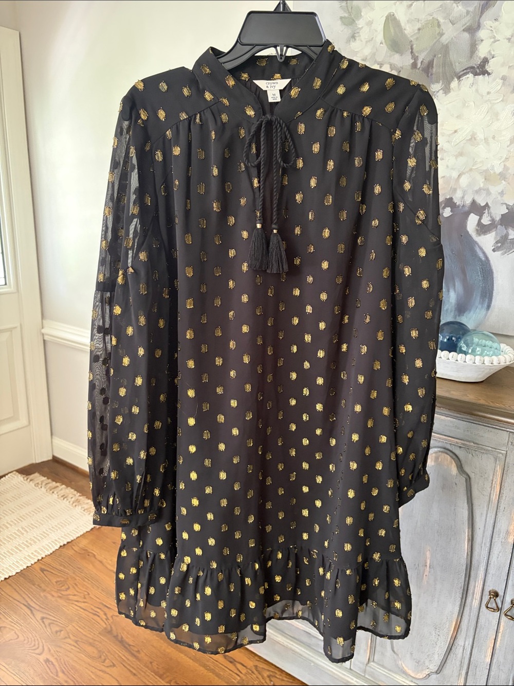 crown & ivy Black Long Sleeve Dress with Gold Foil Dots